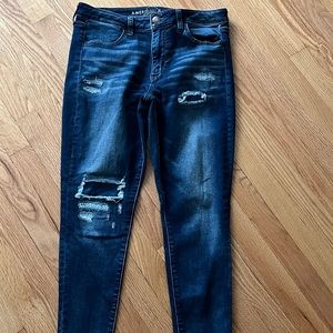 American Eagle dark wash Next Level stretch distressed jeans jegging size 12